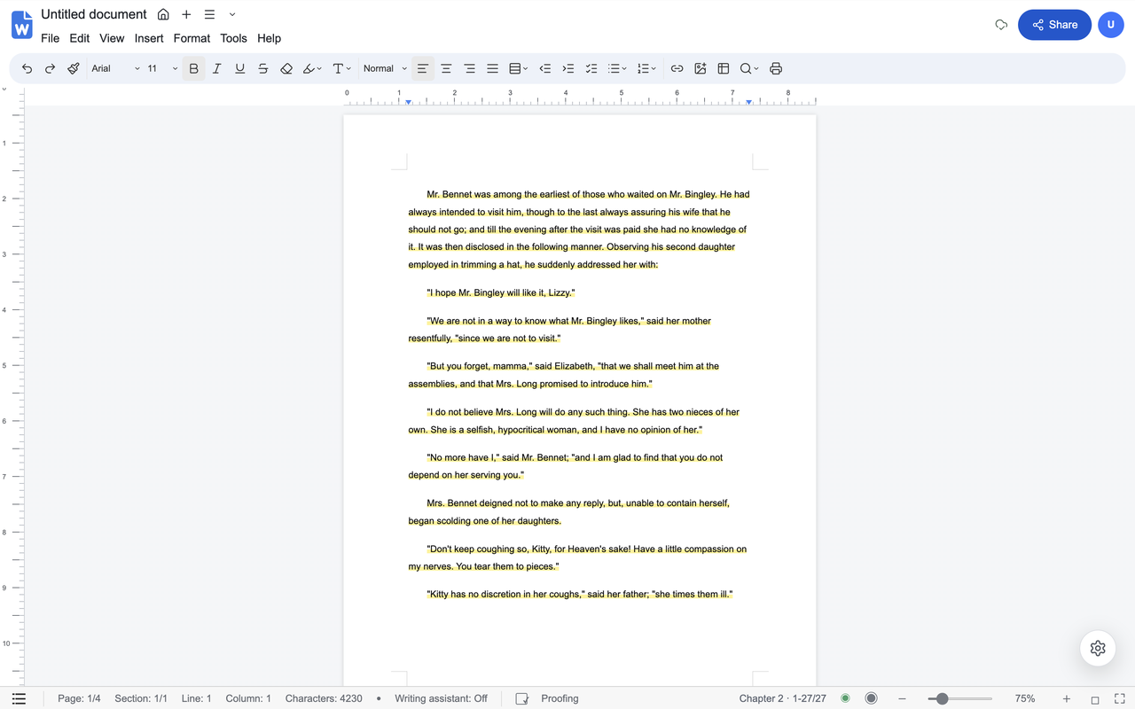 Blank document filled with highlighted story paragraphs without the settings panel